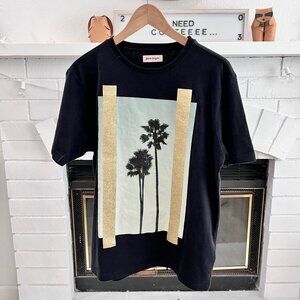 Palm Angels Palm Tree Photo Gold Glittery Stripes Black Tshirt